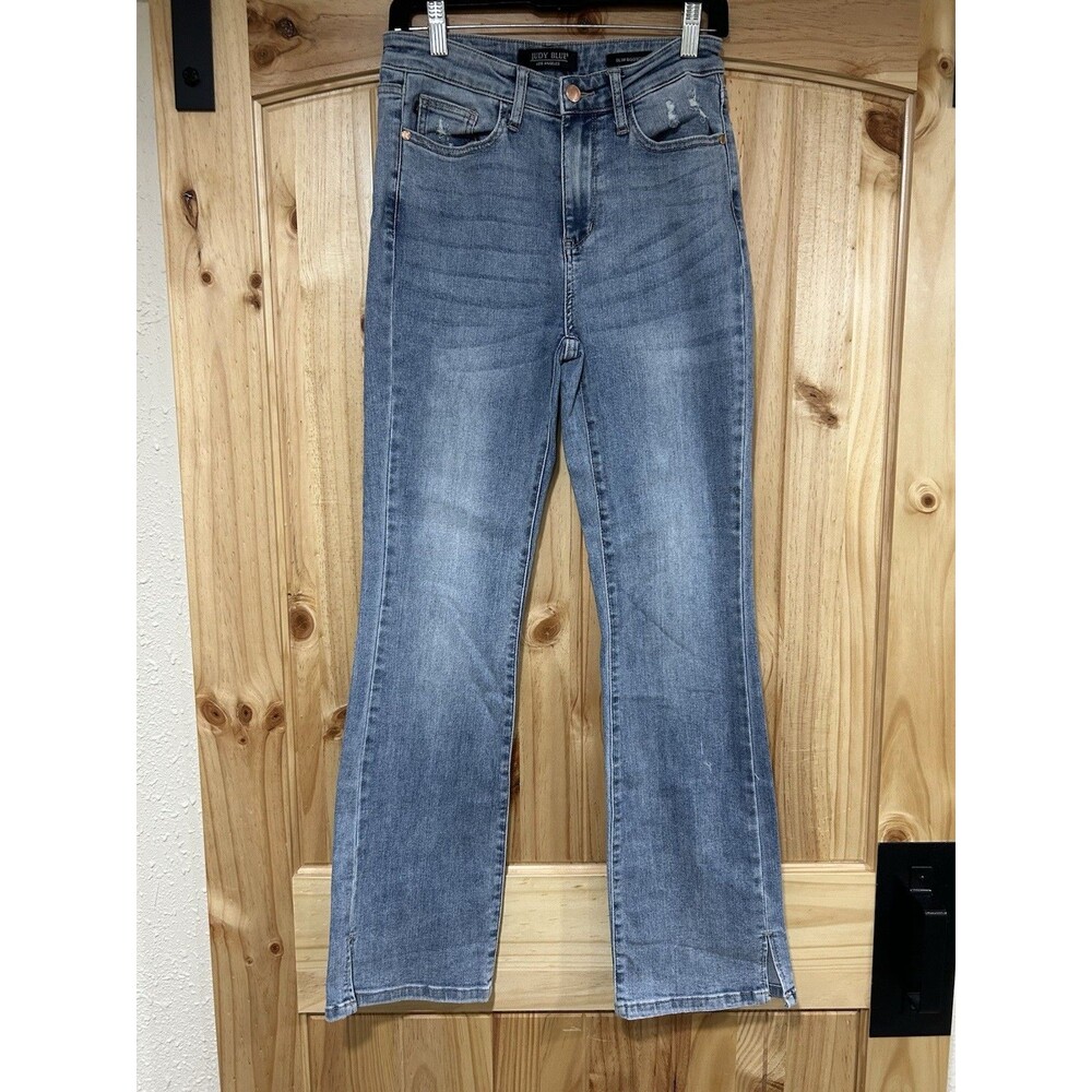 Judy Blue Slim Bootcut Jeans Light Wash Distressed Side Slit 7/28 JB88289 LT-CO